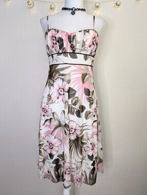 Y2K Pink and Brown Hibiscus Print Mesh Sundress With Ruching